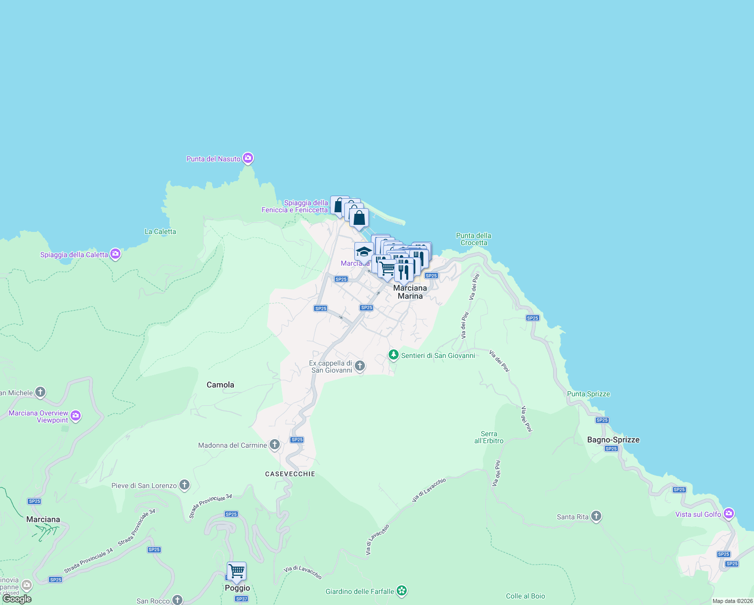 map of restaurants, bars, coffee shops, grocery stores, and more near 31 Viale Principe Amedeo in Marciana Marina