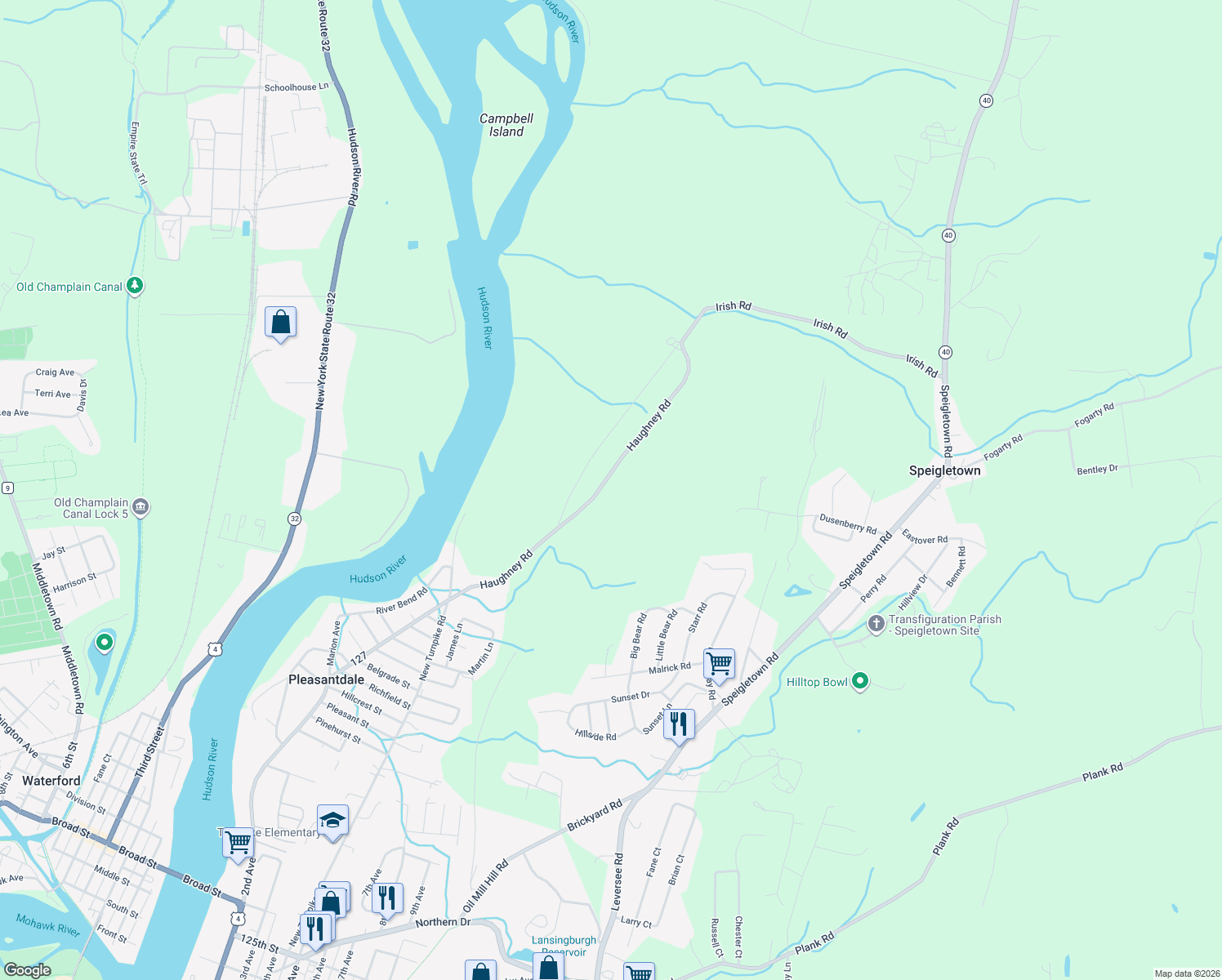 map of restaurants, bars, coffee shops, grocery stores, and more near 106 Haughney Rd in Troy