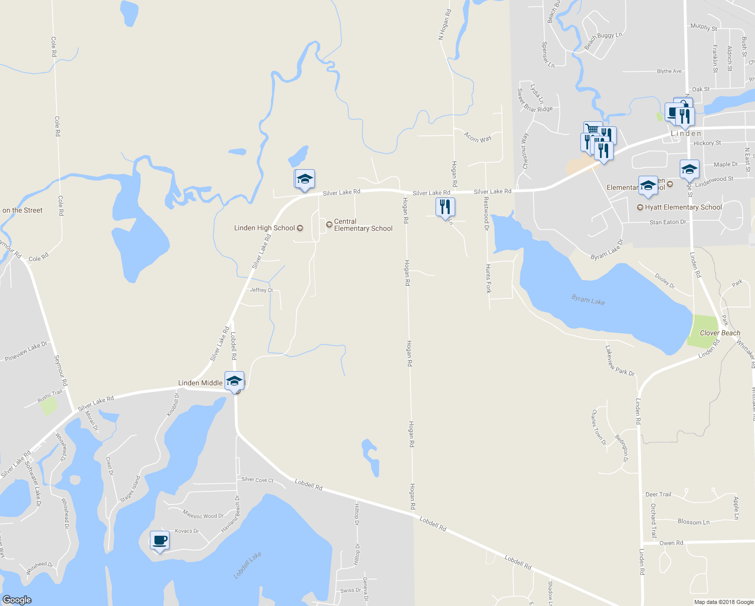 map of restaurants, bars, coffee shops, grocery stores, and more near 15236 Hogan Road in Linden