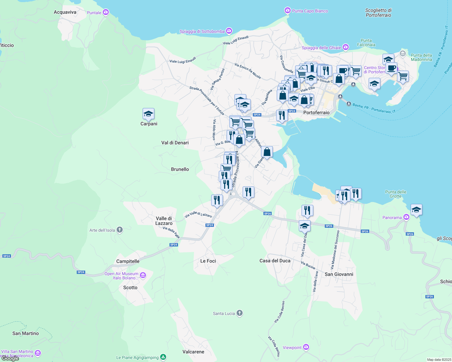 map of restaurants, bars, coffee shops, grocery stores, and more near 3 Via Giorgio Varanini in Portoferraio