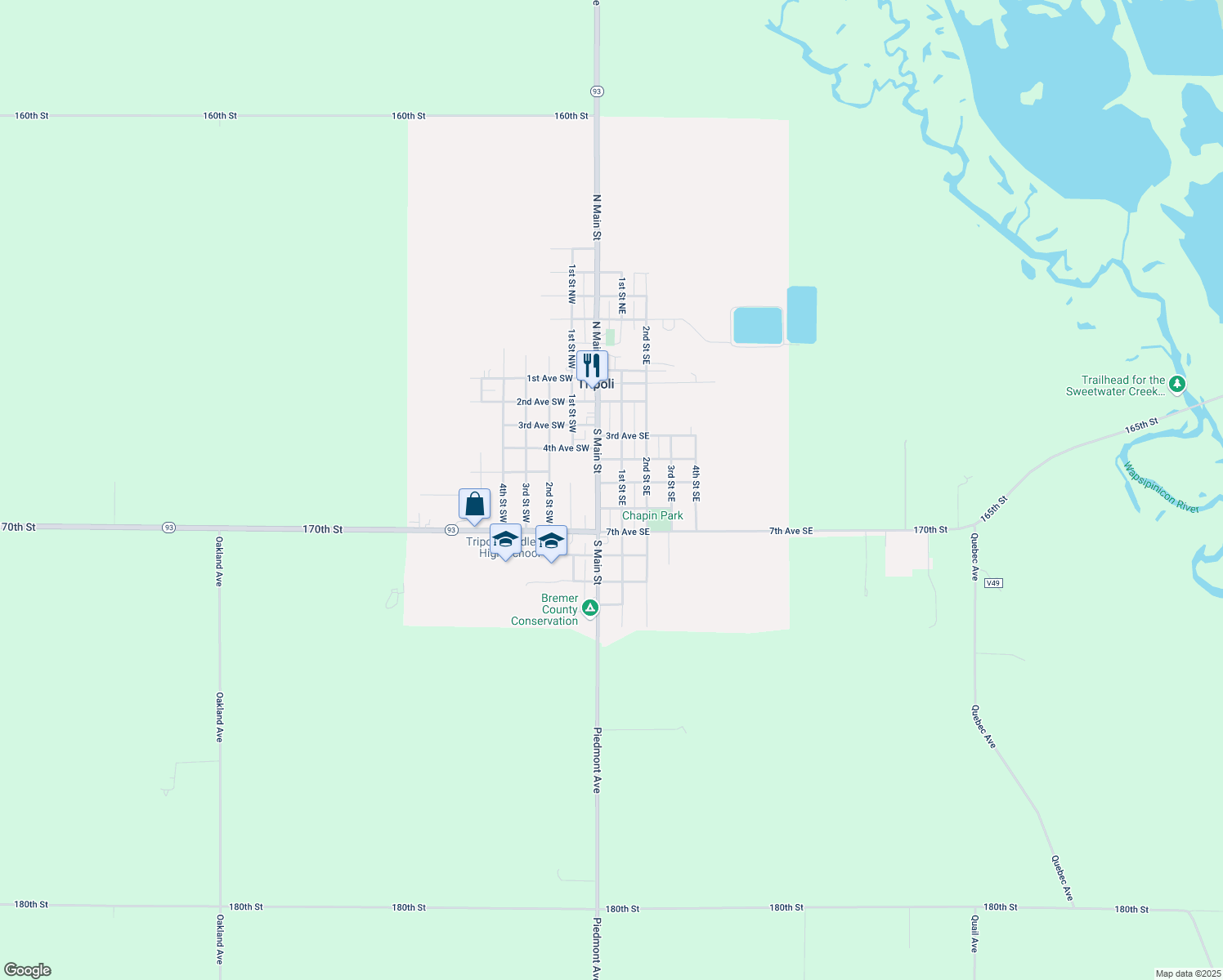 map of restaurants, bars, coffee shops, grocery stores, and more near 105 5th Ave SE in Tripoli