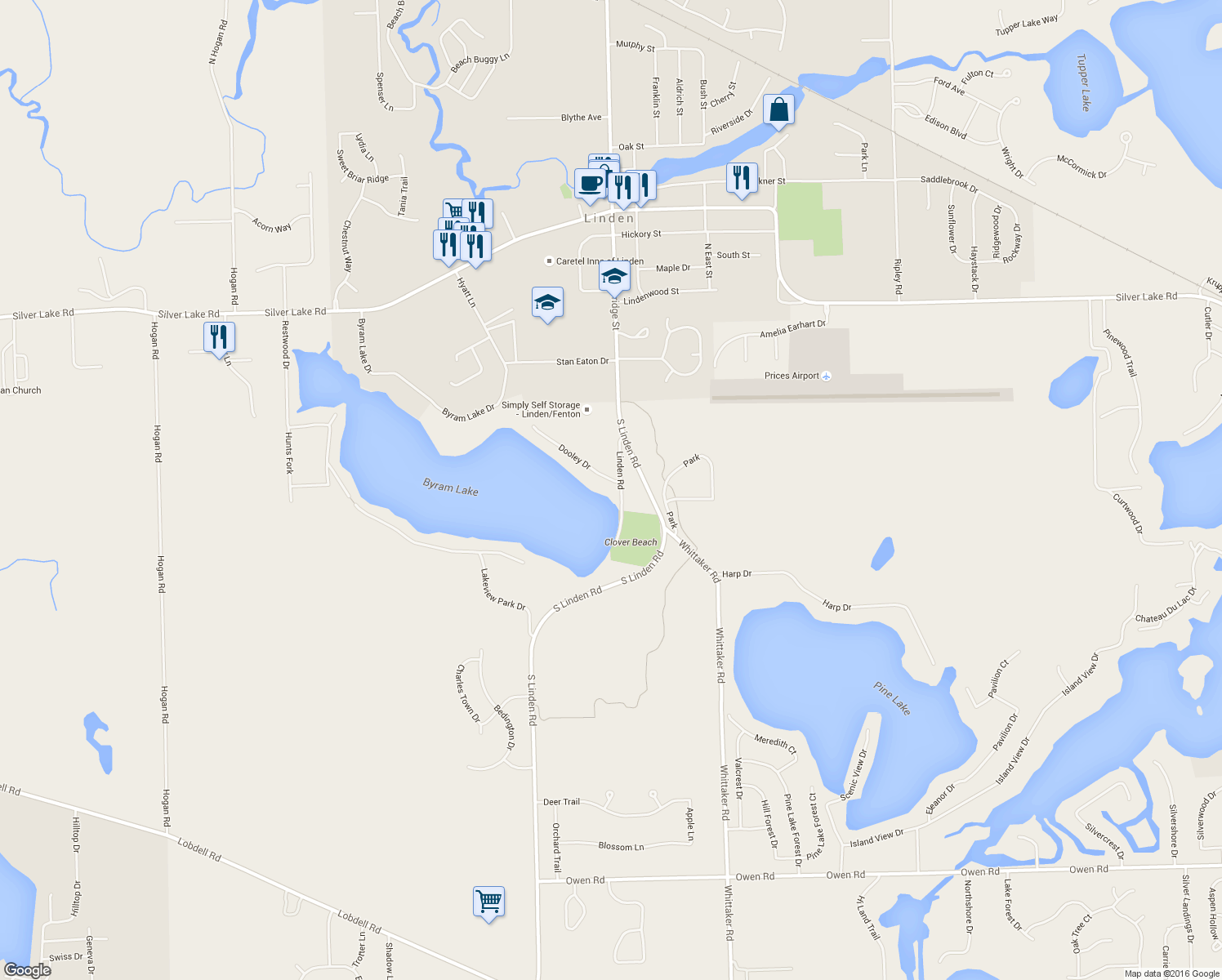 map of restaurants, bars, coffee shops, grocery stores, and more near 15262 Linden Rd in Linden