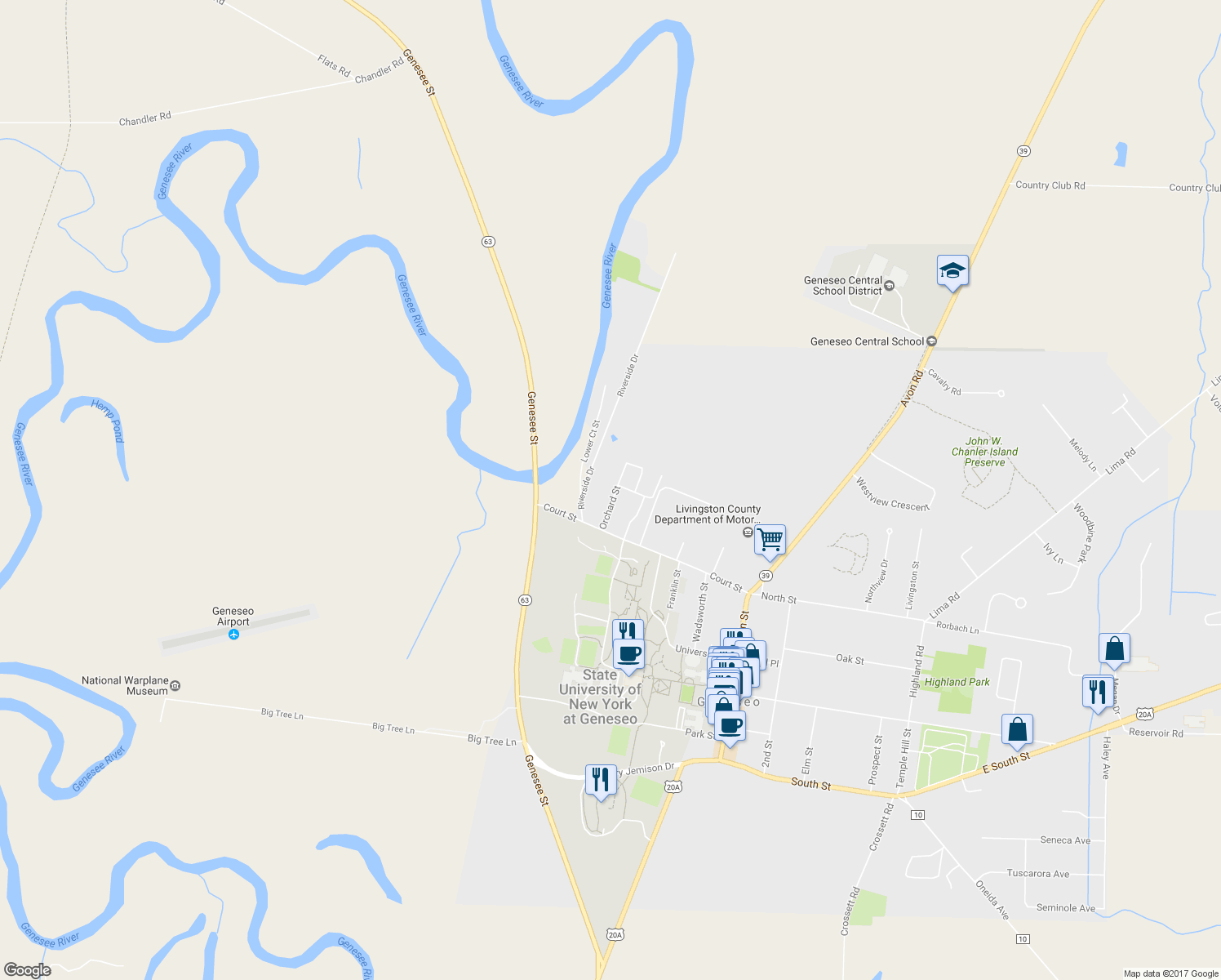 map of restaurants, bars, coffee shops, grocery stores, and more near 25 Orchard Street in Geneseo