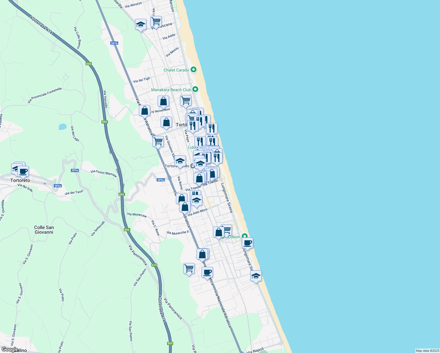 map of restaurants, bars, coffee shops, grocery stores, and more near 234 Lungomare Sirena in Tortoreto Lido