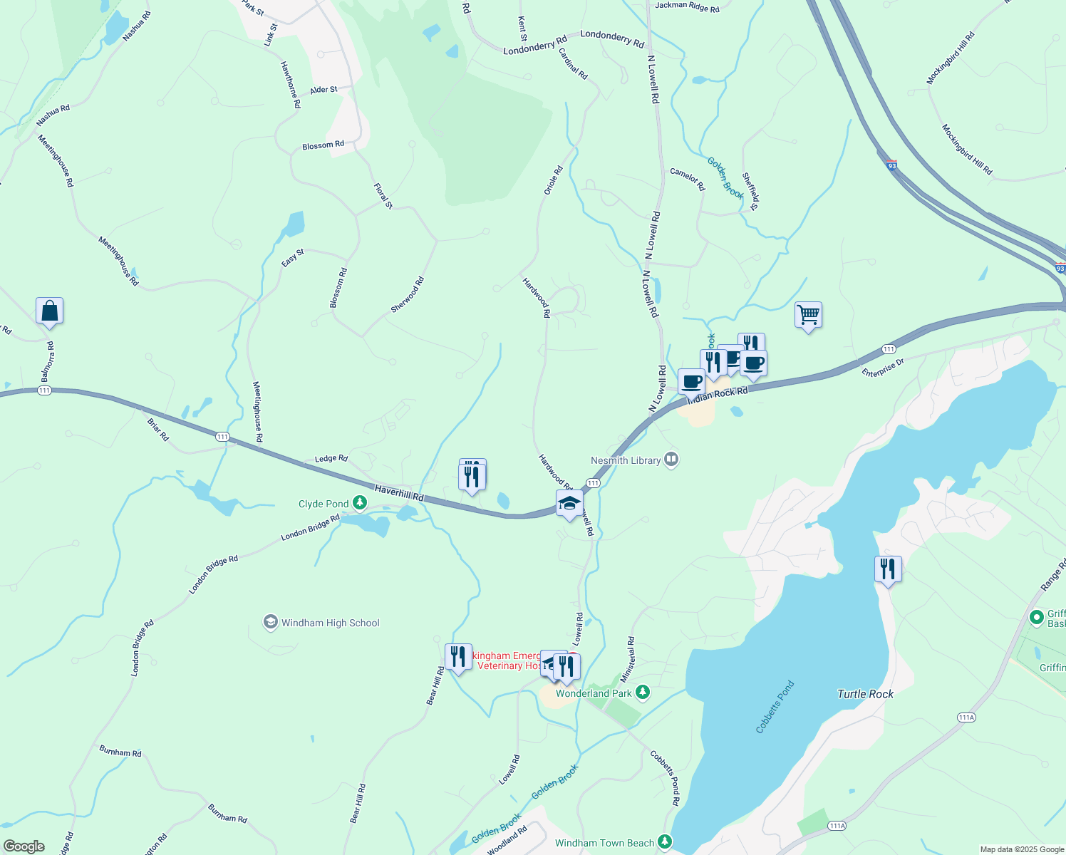 map of restaurants, bars, coffee shops, grocery stores, and more near 10 Hardwood Road in Windham