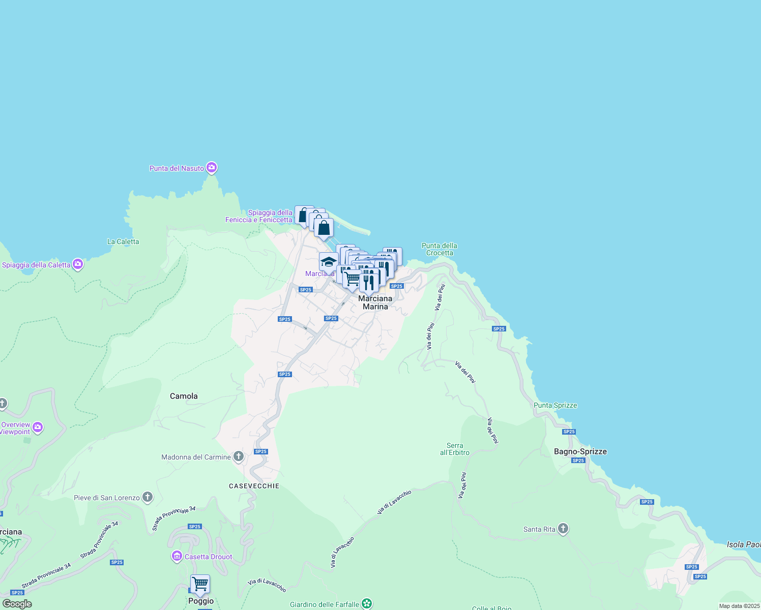map of restaurants, bars, coffee shops, grocery stores, and more near 6 Via Giovanni Pascoli in Marciana Marina