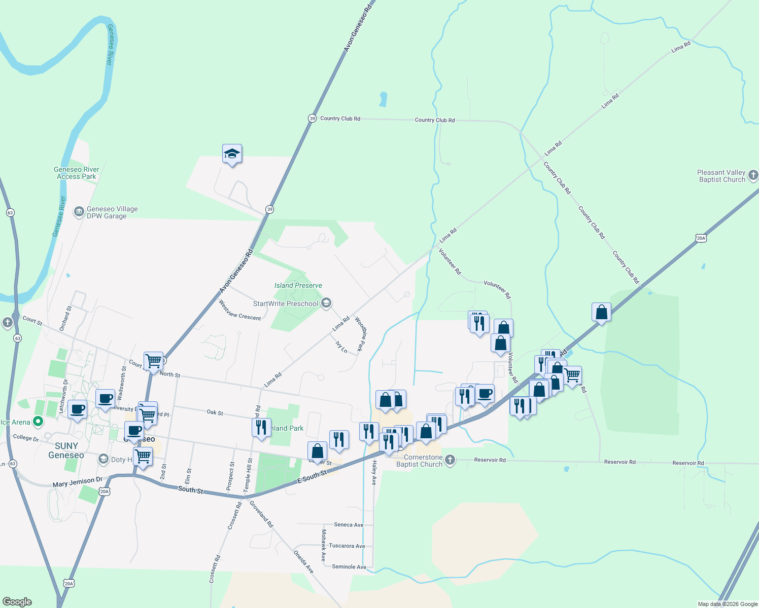 map of restaurants, bars, coffee shops, grocery stores, and more near 254 Lima Road in Geneseo