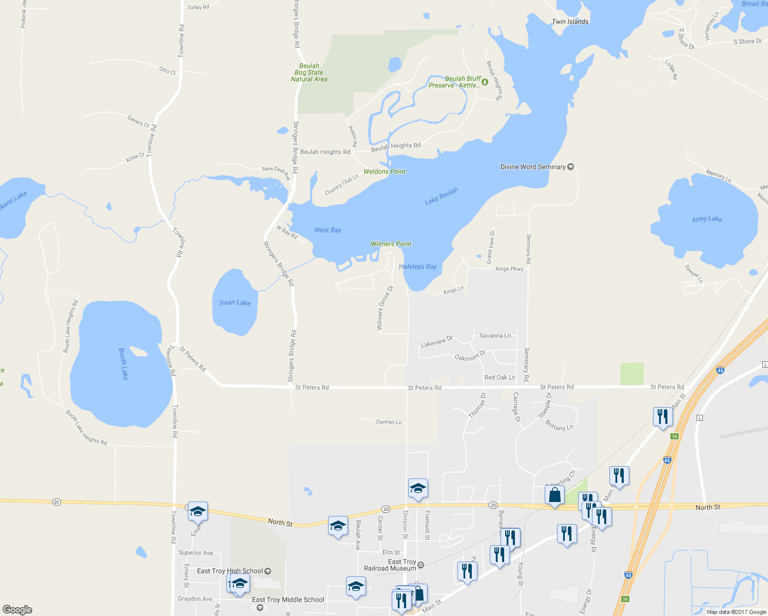 map of restaurants, bars, coffee shops, grocery stores, and more near N8658 Wilmers Grove Drive in East Troy
