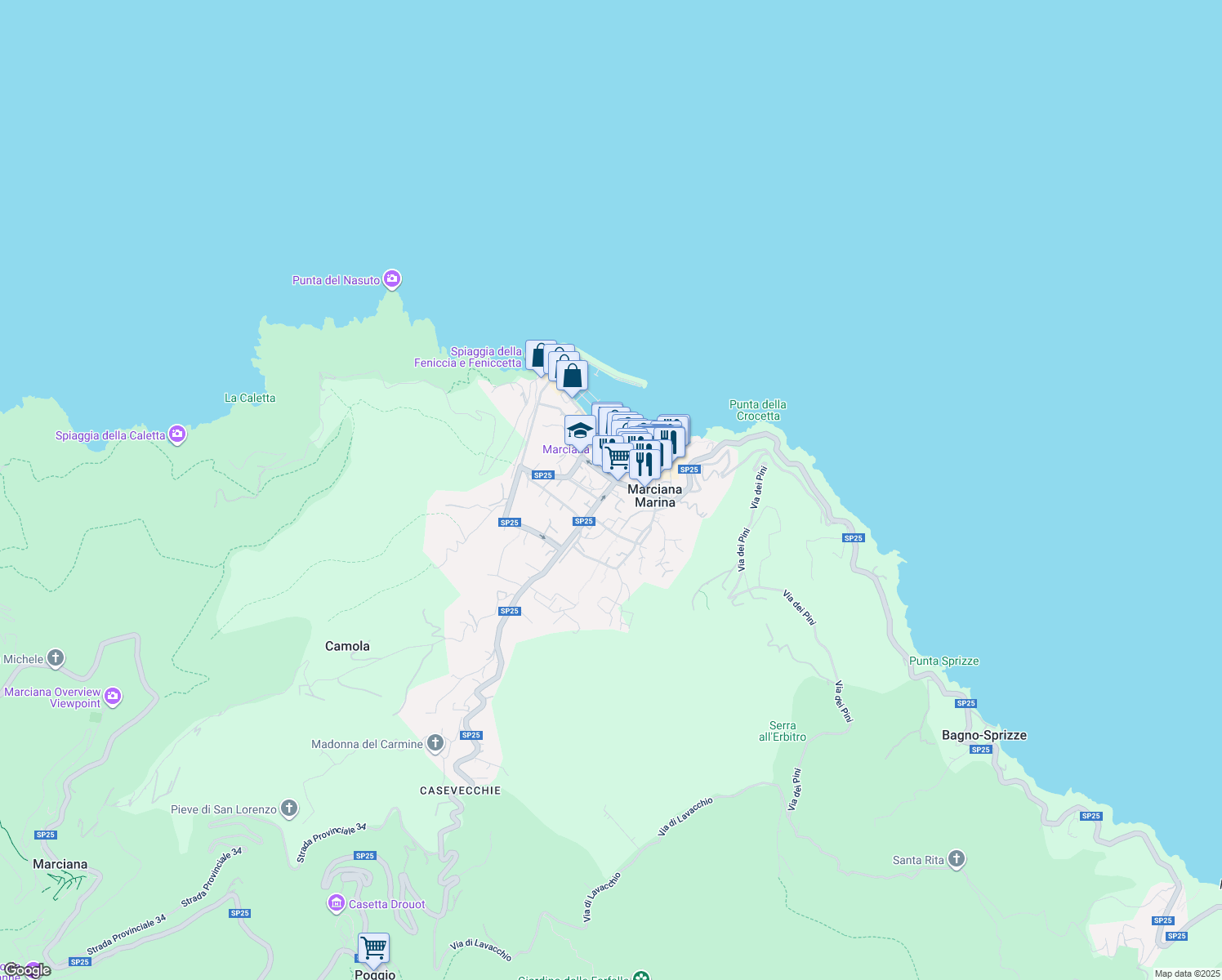 map of restaurants, bars, coffee shops, grocery stores, and more near 31 Viale Principe Amedeo in Marciana Marina