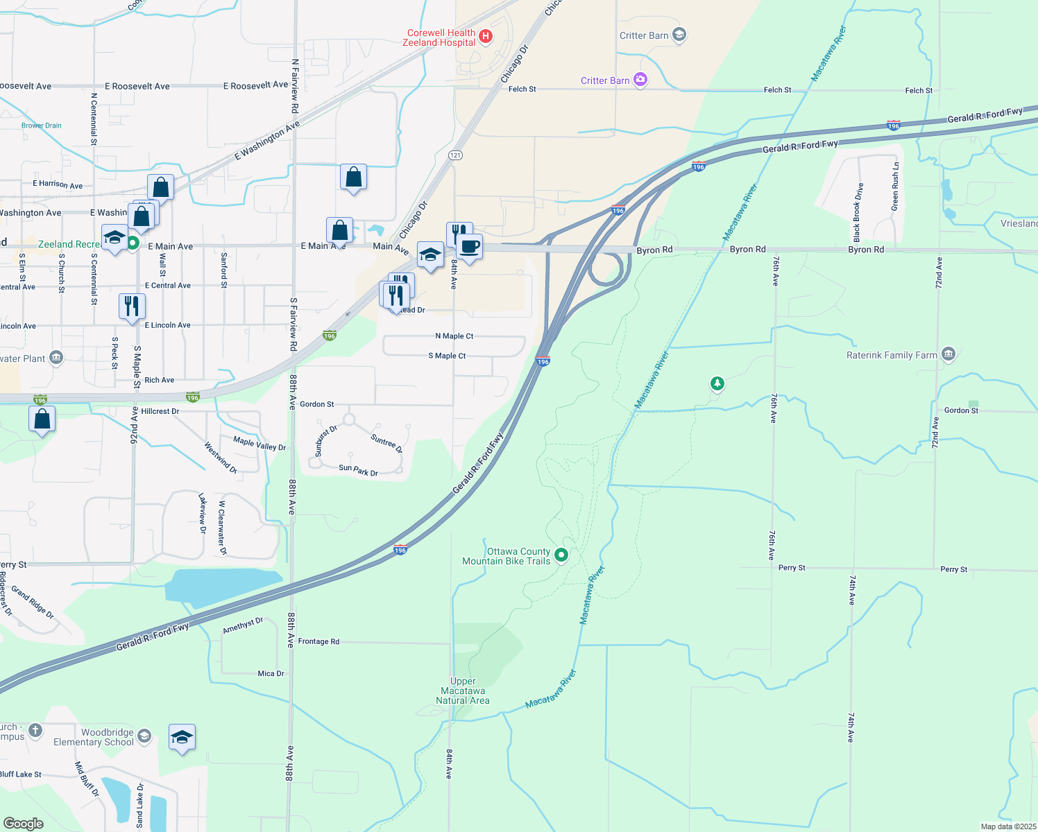 map of restaurants, bars, coffee shops, grocery stores, and more near Gerald R. Ford Fwy in Zeeland Charter Township