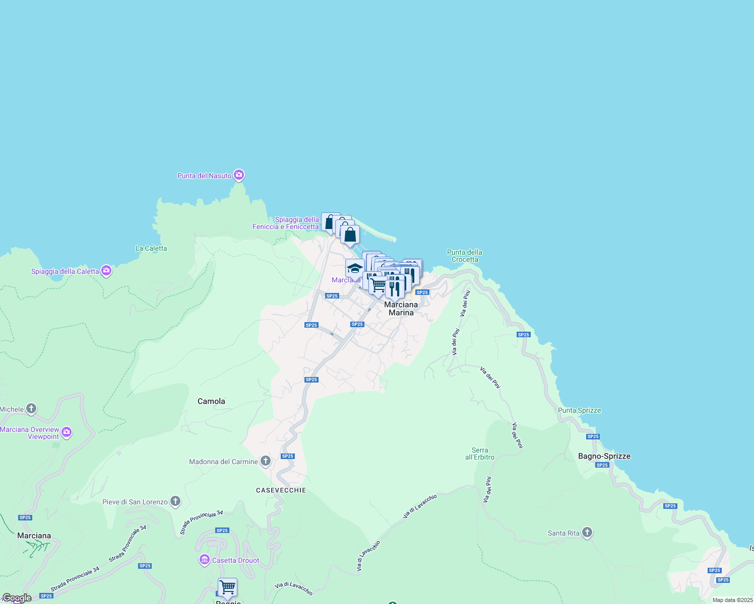 map of restaurants, bars, coffee shops, grocery stores, and more near 31 Viale Principe Amedeo in Marciana Marina