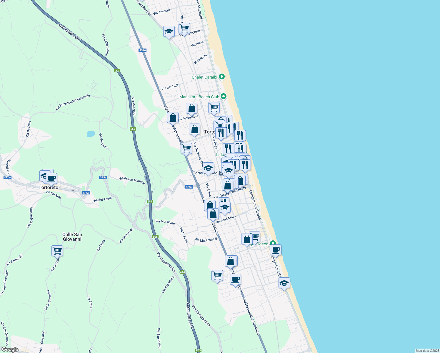map of restaurants, bars, coffee shops, grocery stores, and more near 3 Via Galileo Galilei in Tortoreto Lido