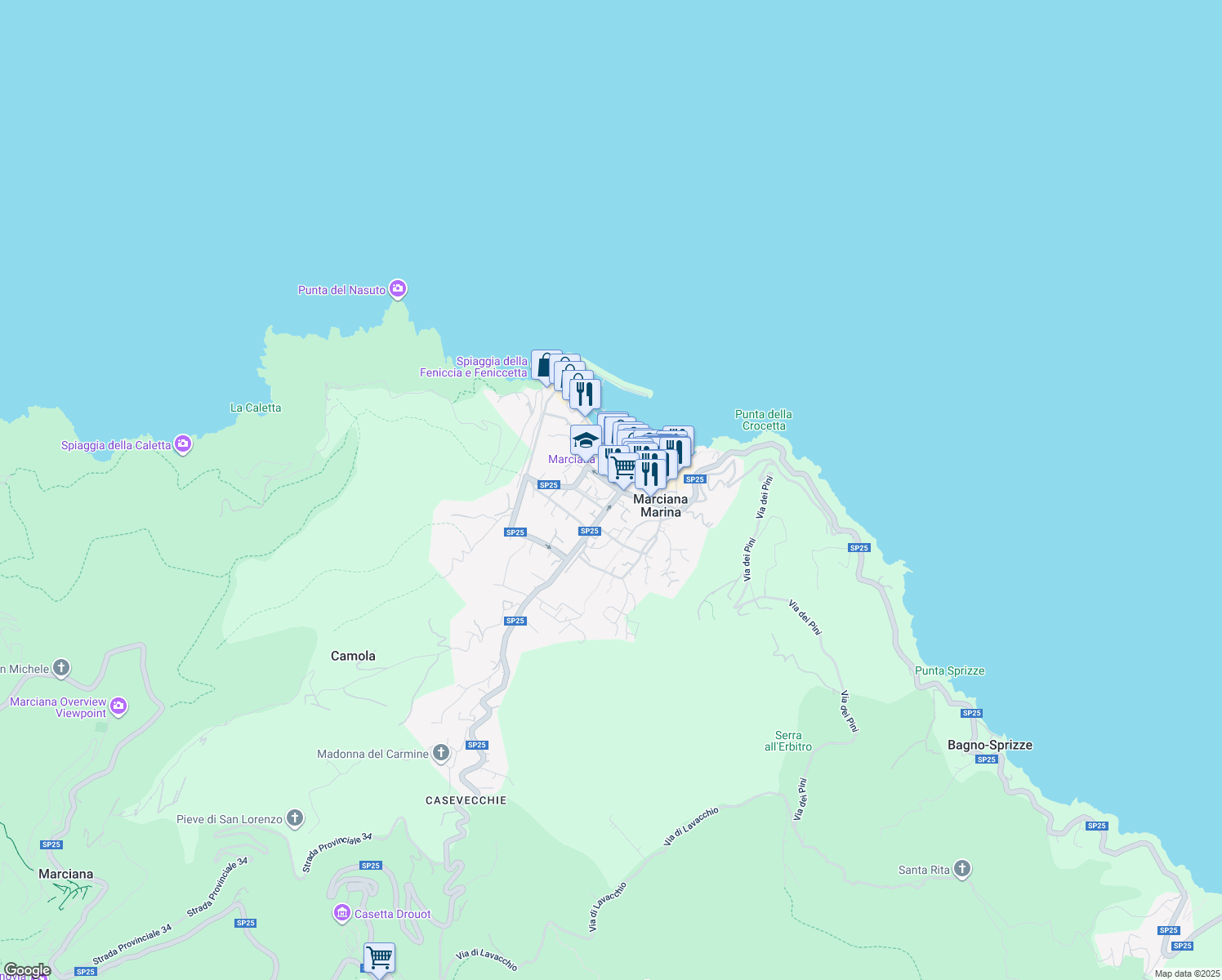 map of restaurants, bars, coffee shops, grocery stores, and more near 27 Viale Margherita in Marciana Marina