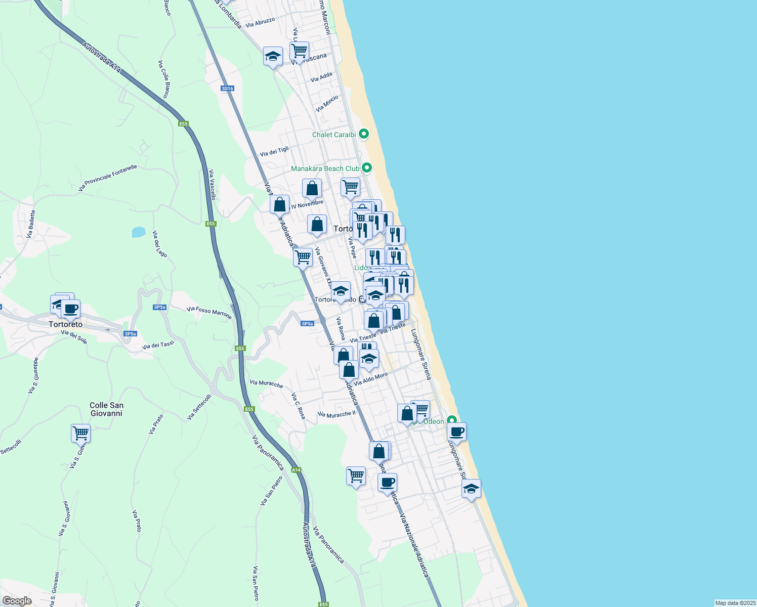 map of restaurants, bars, coffee shops, grocery stores, and more near 1 Via Area di Servizio Tortoreto Est in Tortoreto Lido
