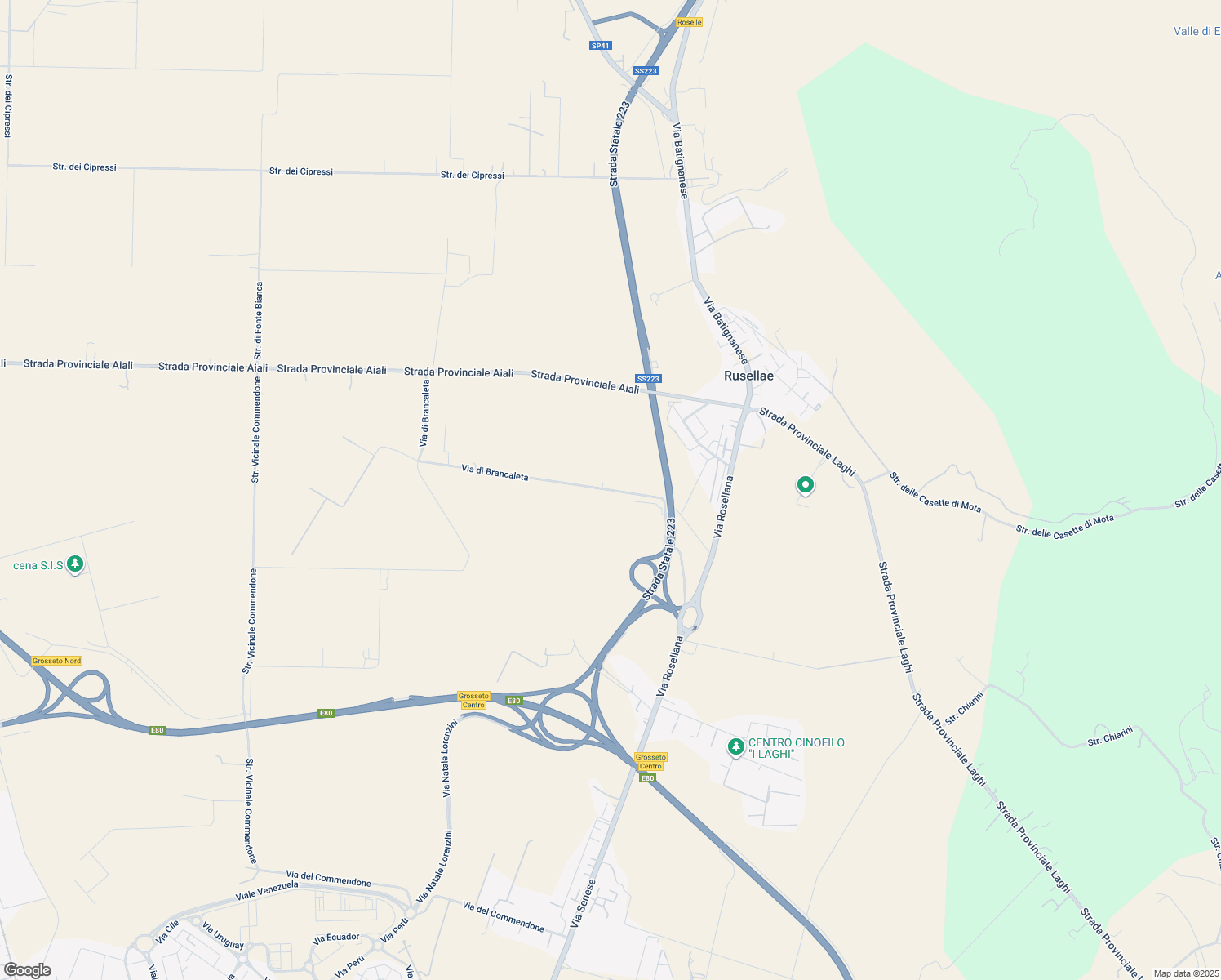 map of restaurants, bars, coffee shops, grocery stores, and more near 77 Via di Brancaleta in Provincia di Grosseto