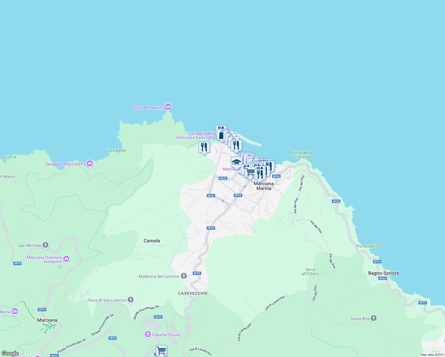 map of restaurants, bars, coffee shops, grocery stores, and more near 18 Via Raffaello Brignetti in Marciana Marina