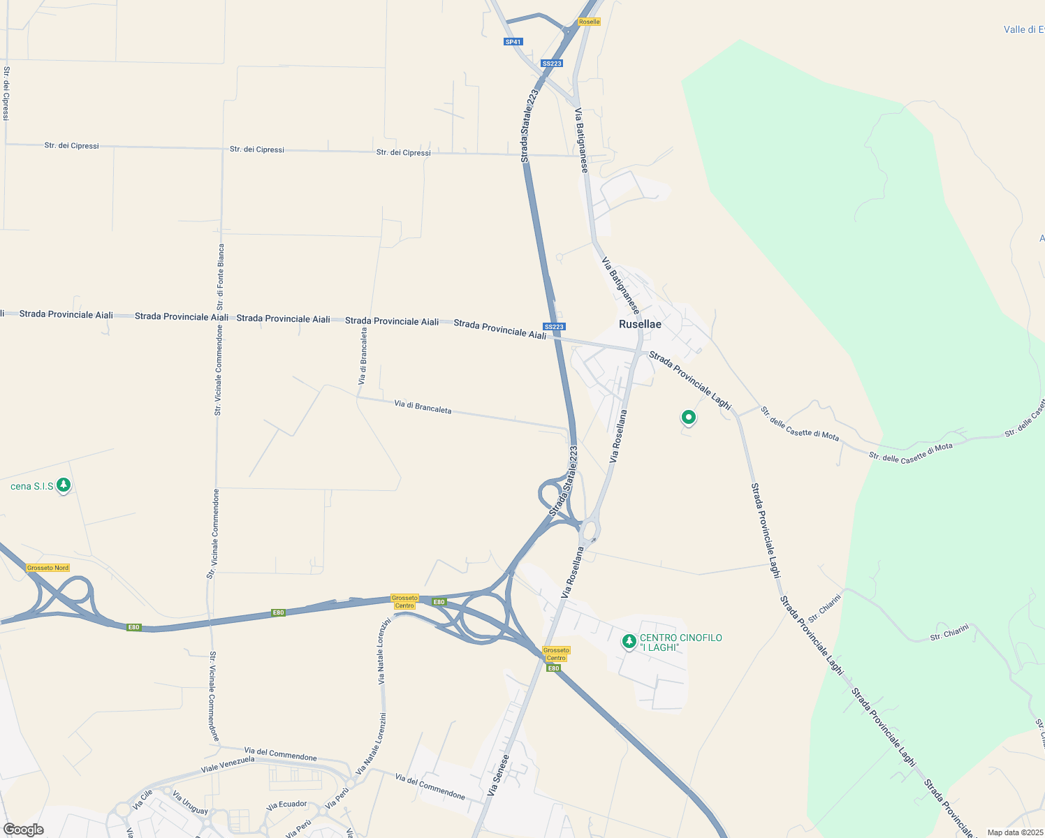 map of restaurants, bars, coffee shops, grocery stores, and more near 77 Via di Brancaleta in Provincia di Grosseto