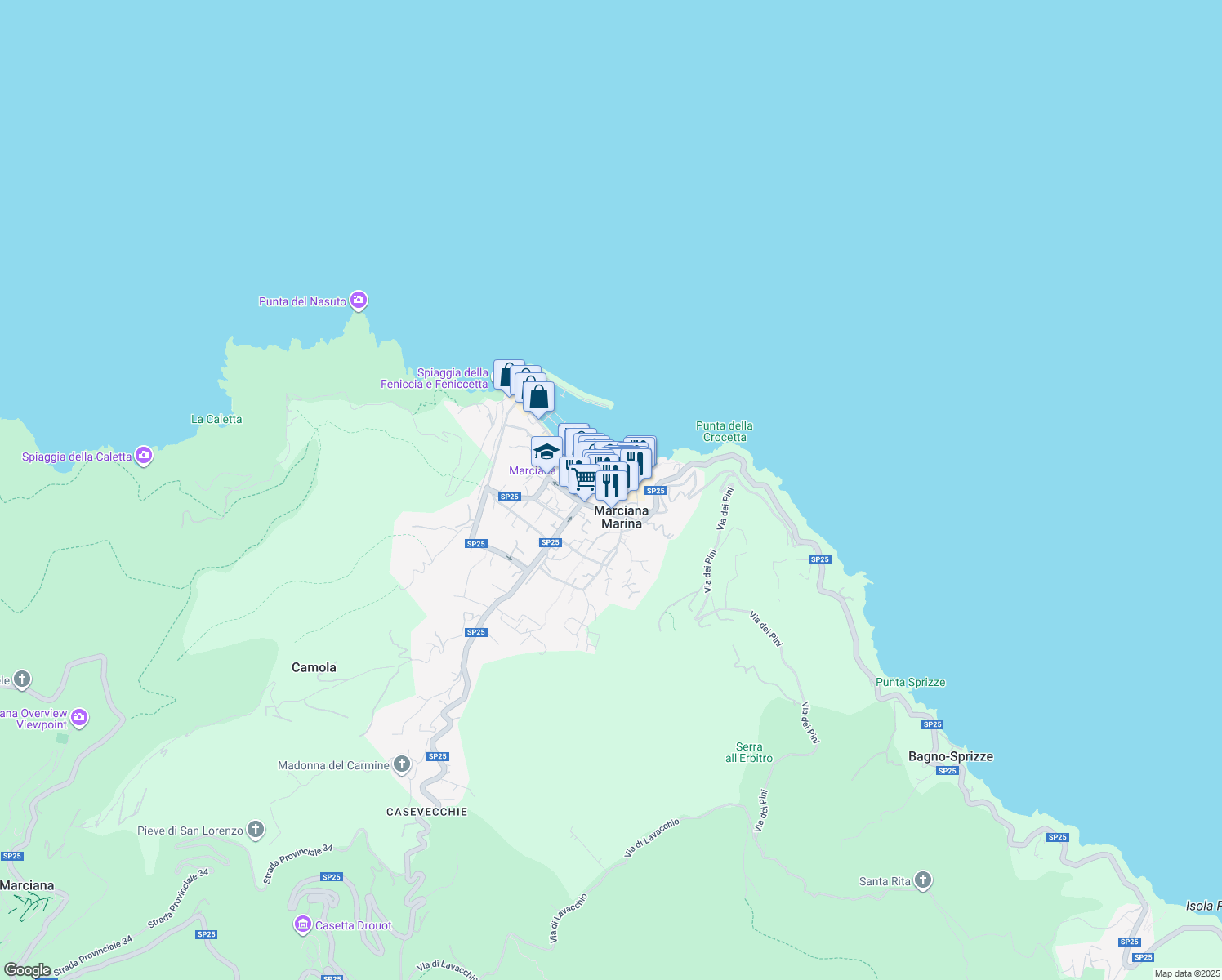 map of restaurants, bars, coffee shops, grocery stores, and more near 10 Via Felice Cavallotti in Marciana Marina