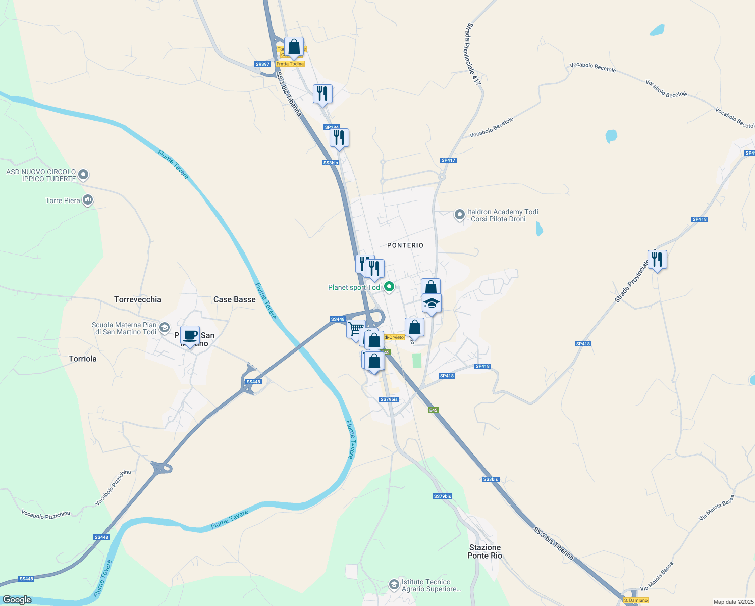 map of restaurants, bars, coffee shops, grocery stores, and more near 14432 Vocabolo Campette in Ponterio