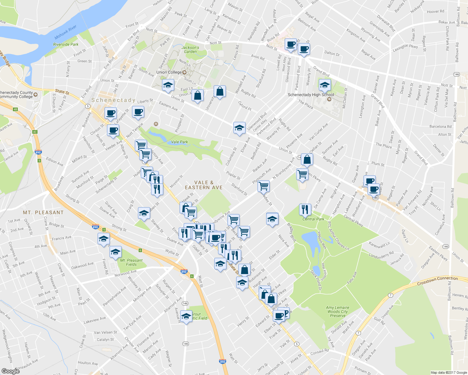 map of restaurants, bars, coffee shops, grocery stores, and more near 1334 Stanford Street in Schenectady