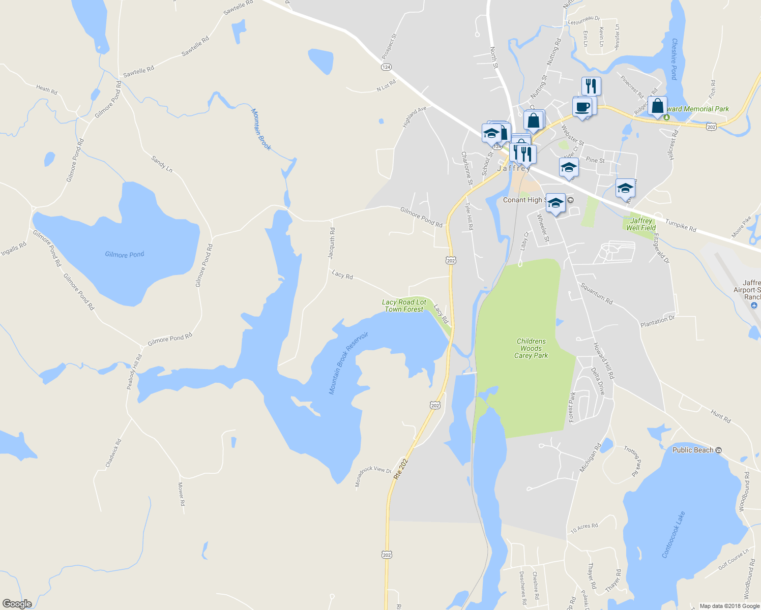 map of restaurants, bars, coffee shops, grocery stores, and more near 79 Lacy Road in Jaffrey