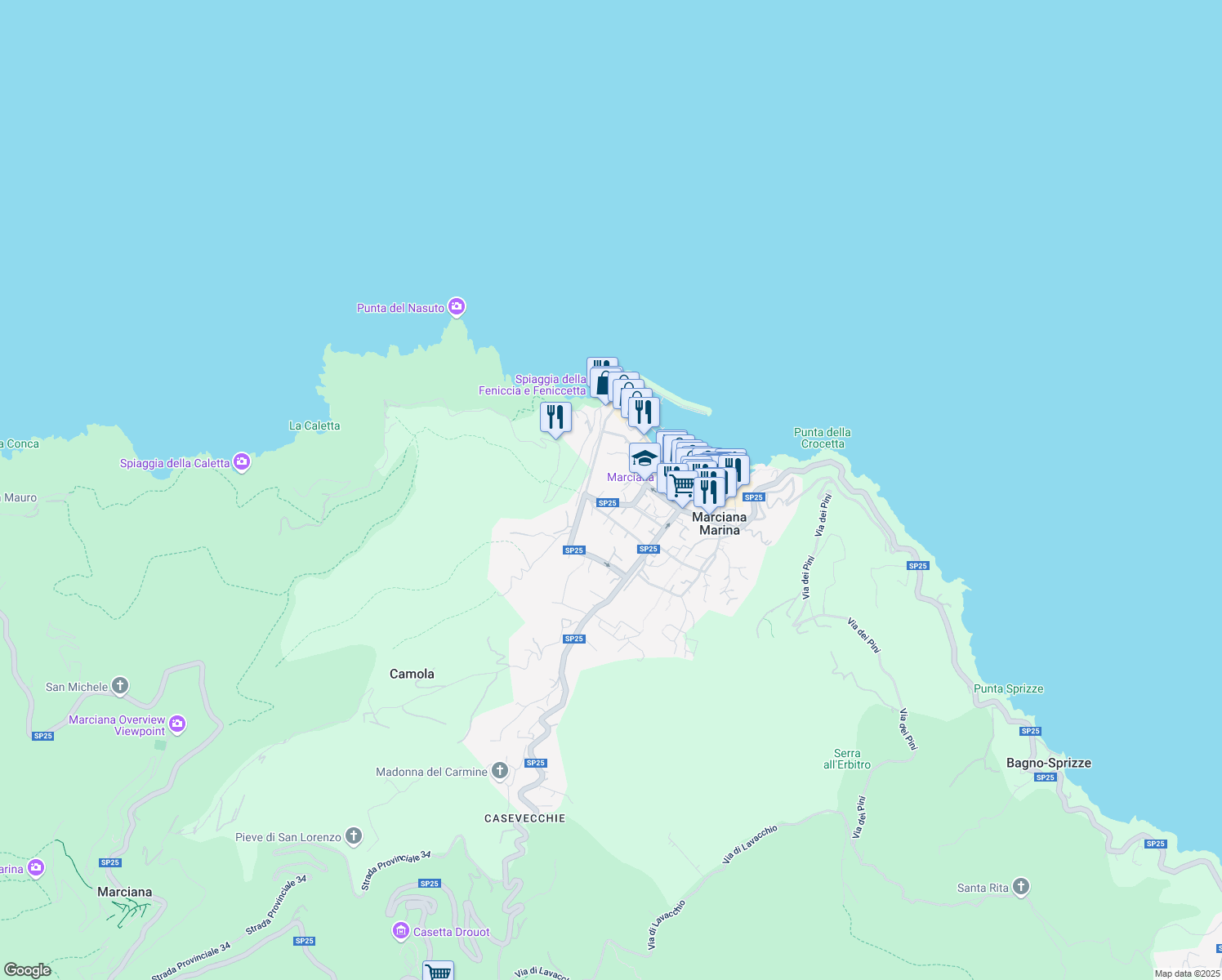 map of restaurants, bars, coffee shops, grocery stores, and more near 18 Via Raffaello Brignetti in Marciana Marina