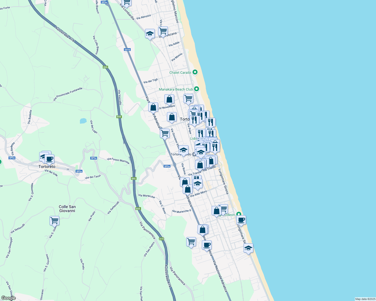 map of restaurants, bars, coffee shops, grocery stores, and more near 3 Via Galileo Galilei in Tortoreto Lido