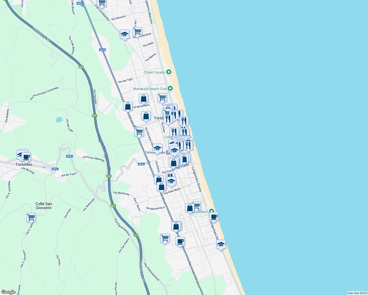 map of restaurants, bars, coffee shops, grocery stores, and more near 4 Via Giusti in Tortoreto Lido