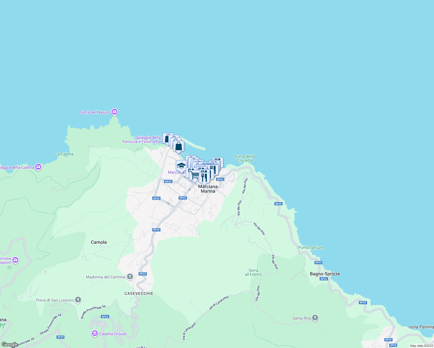 map of restaurants, bars, coffee shops, grocery stores, and more near in Marciana Marina