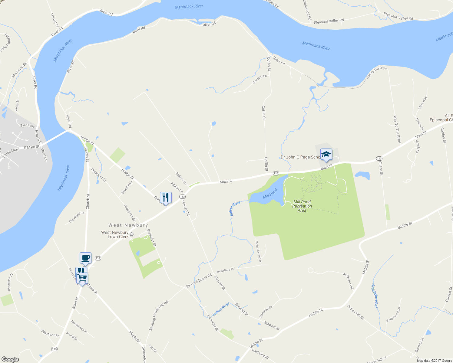 map of restaurants, bars, coffee shops, grocery stores, and more near 547 Main Street in West Newbury