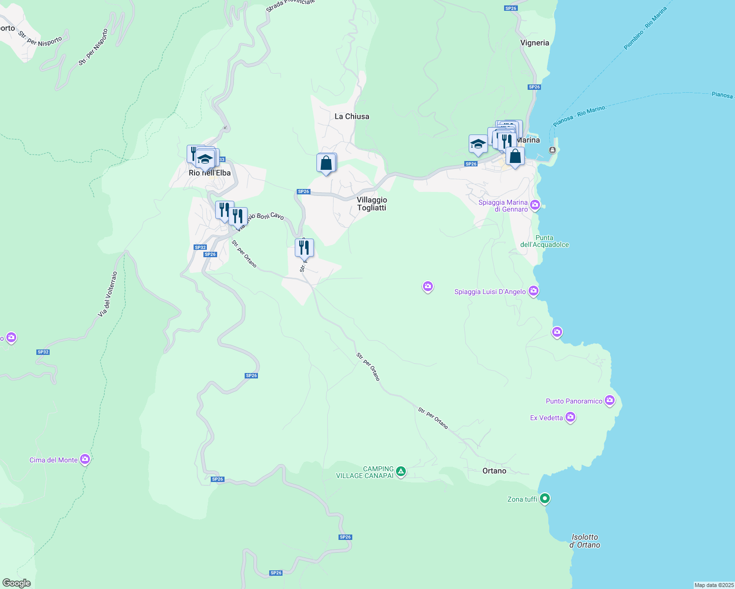 map of restaurants, bars, coffee shops, grocery stores, and more near 10 Strada per Ortano in Marina