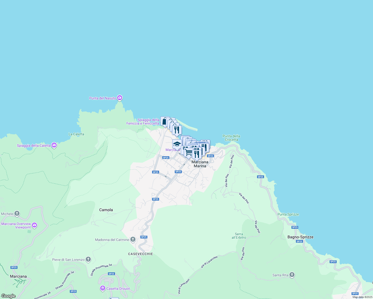map of restaurants, bars, coffee shops, grocery stores, and more near 27 Viale Margherita in Marciana Marina