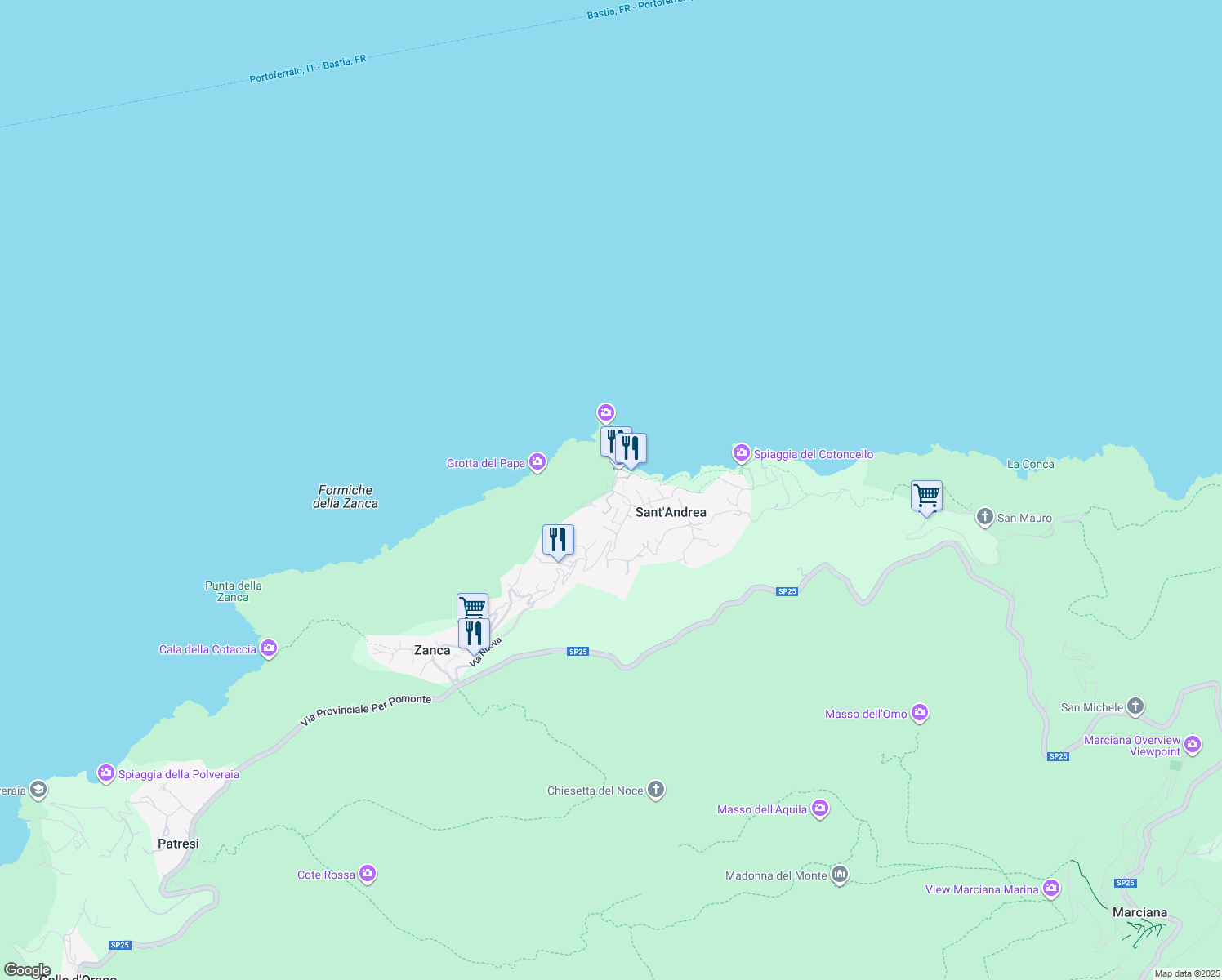 map of restaurants, bars, coffee shops, grocery stores, and more near 2 Via dei Prati in Zanca