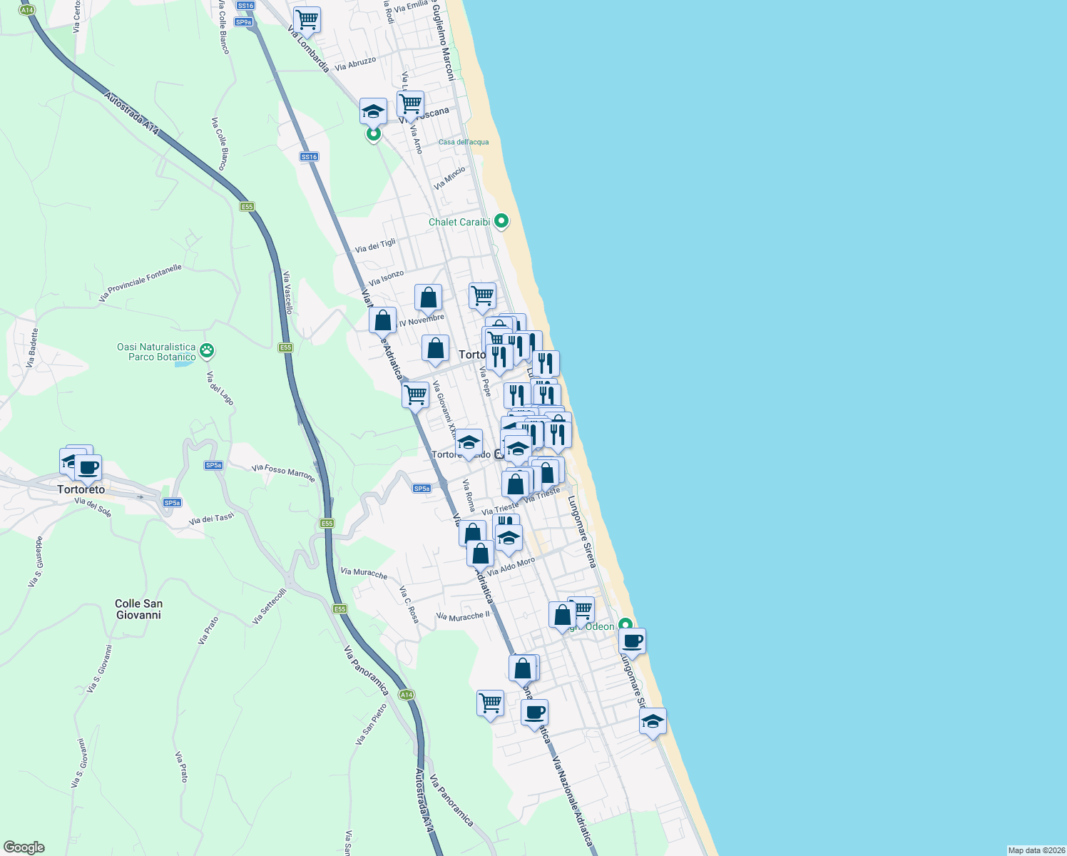 map of restaurants, bars, coffee shops, grocery stores, and more near 23 Via Nizza in Tortoreto Lido