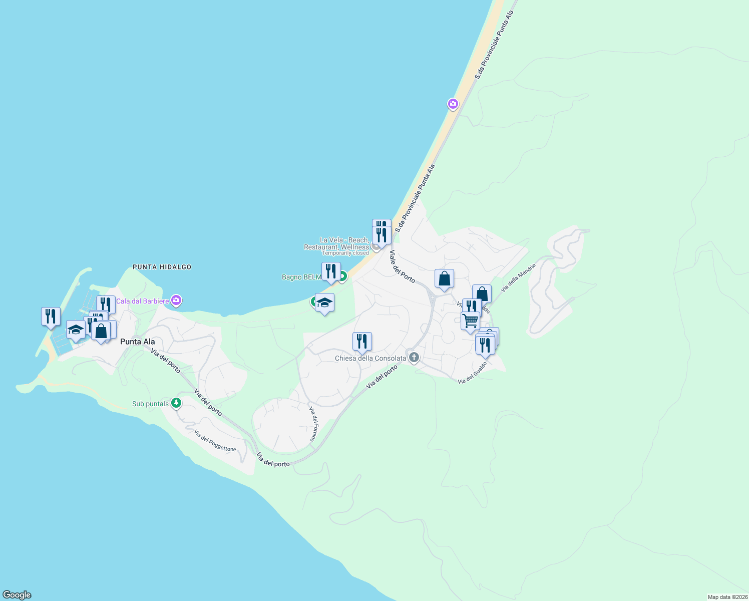 map of restaurants, bars, coffee shops, grocery stores, and more near 15 Via dell'Equitazione in Punta Ala