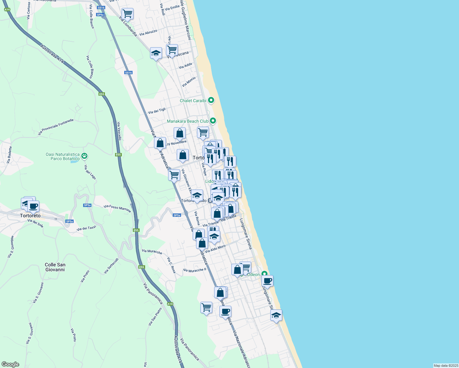 map of restaurants, bars, coffee shops, grocery stores, and more near 10 Via L. Capanna in Tortoreto Lido