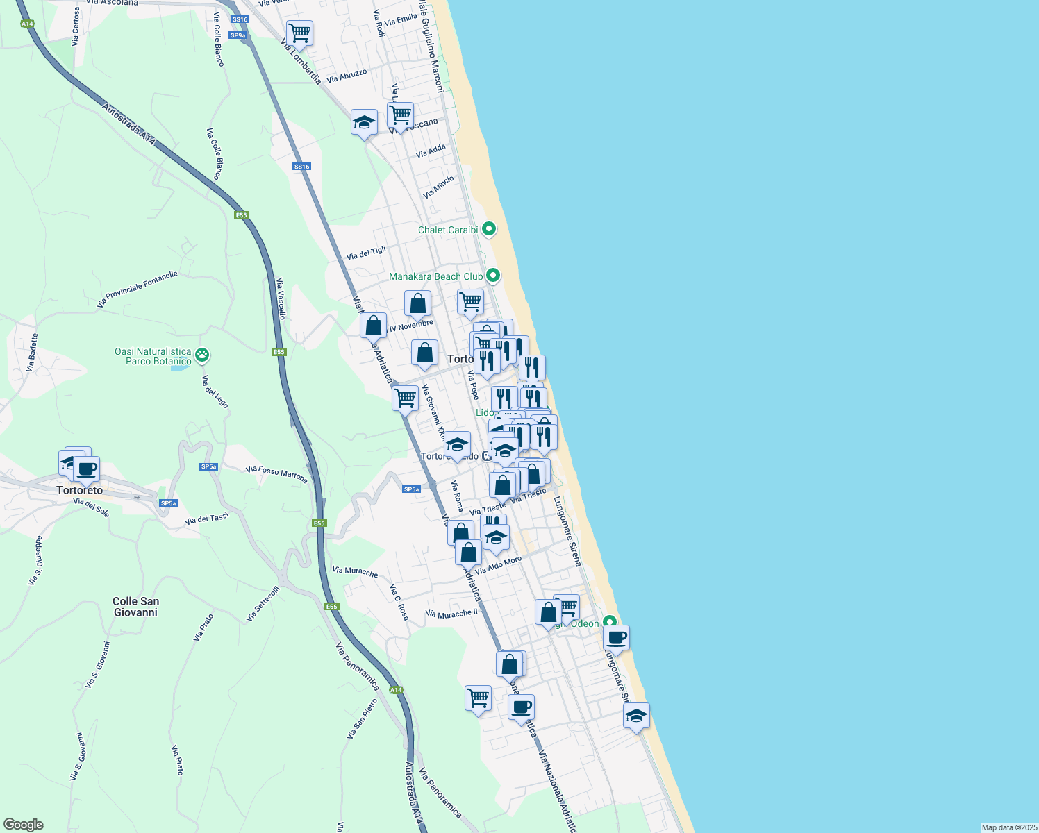 map of restaurants, bars, coffee shops, grocery stores, and more near 10 Via L. Capanna in Tortoreto Lido