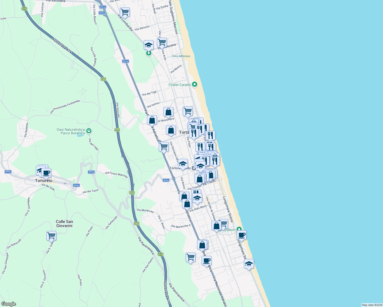 map of restaurants, bars, coffee shops, grocery stores, and more near 57 Via Pepe in Tortoreto Lido