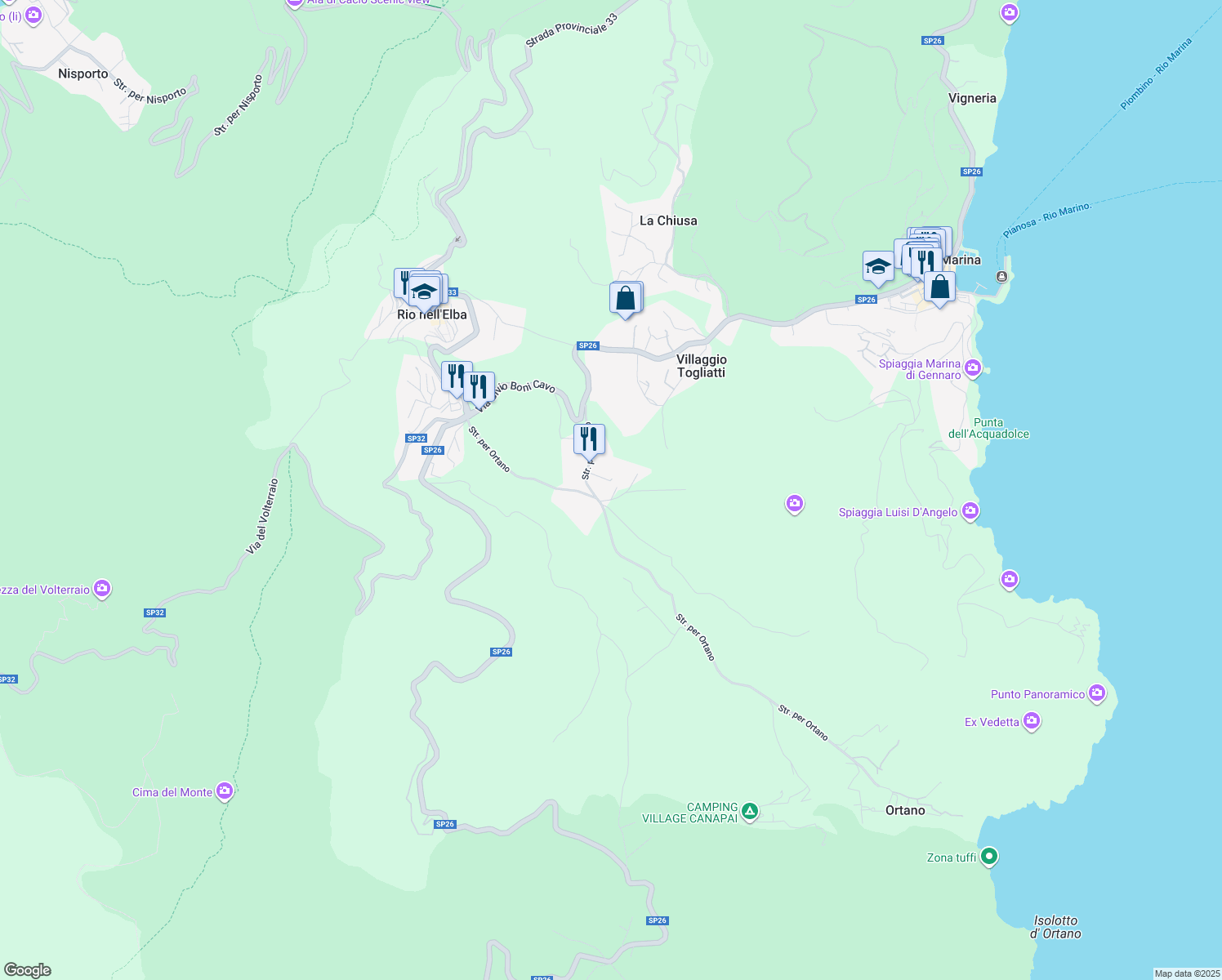 map of restaurants, bars, coffee shops, grocery stores, and more near 10 Strada per Ortano in Provincia di Livorno