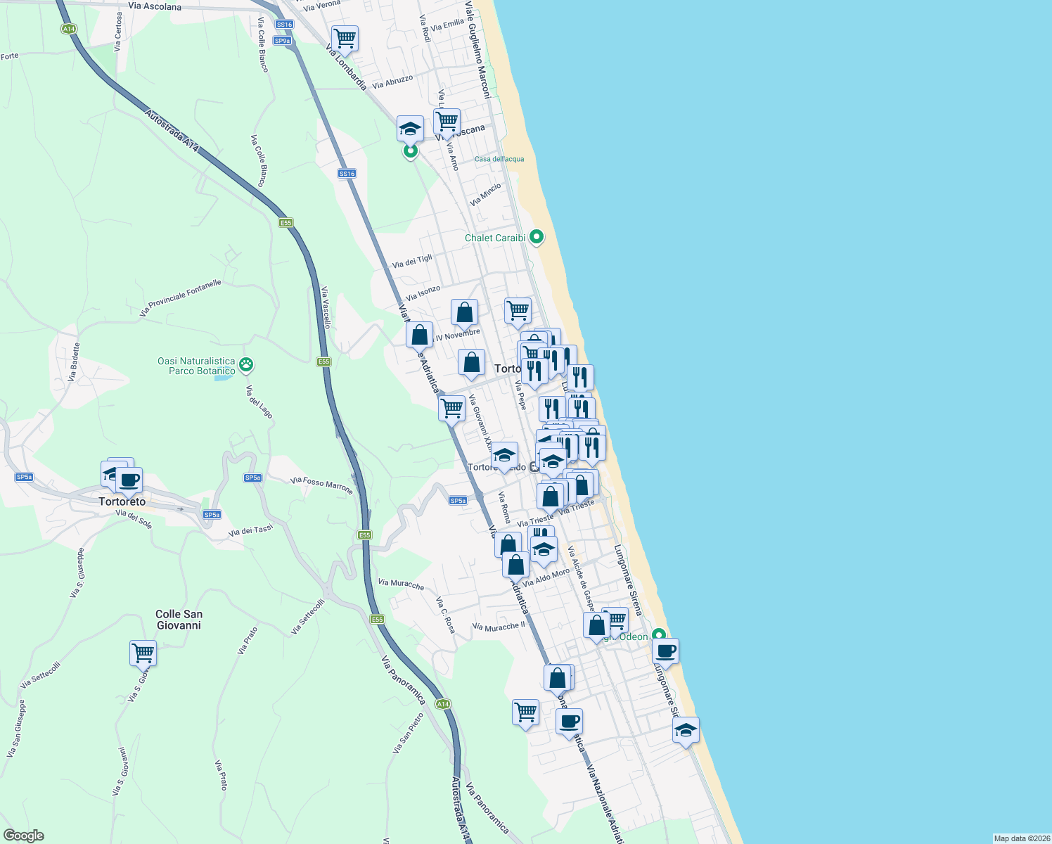 map of restaurants, bars, coffee shops, grocery stores, and more near 57 Via Pepe in Tortoreto Lido