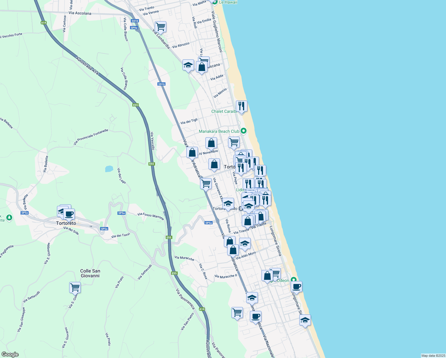 map of restaurants, bars, coffee shops, grocery stores, and more near 12 Via Lampedusa in Tortoreto Lido