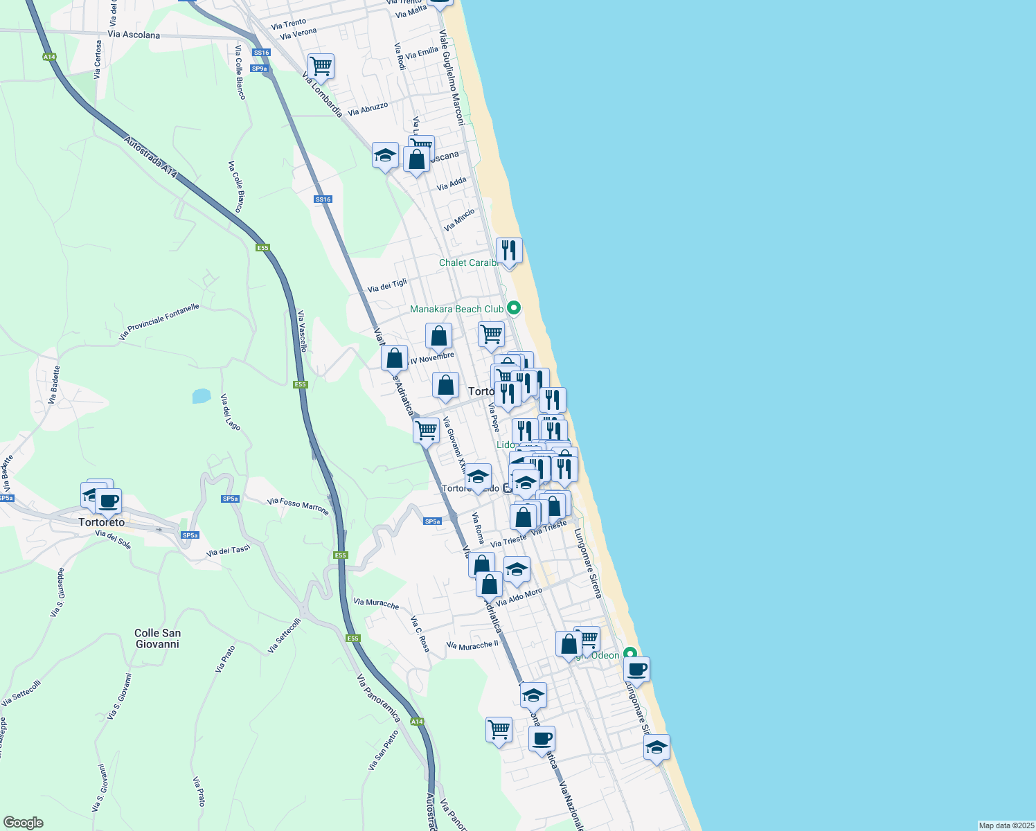 map of restaurants, bars, coffee shops, grocery stores, and more near 23 Via Nizza in Tortoreto Lido