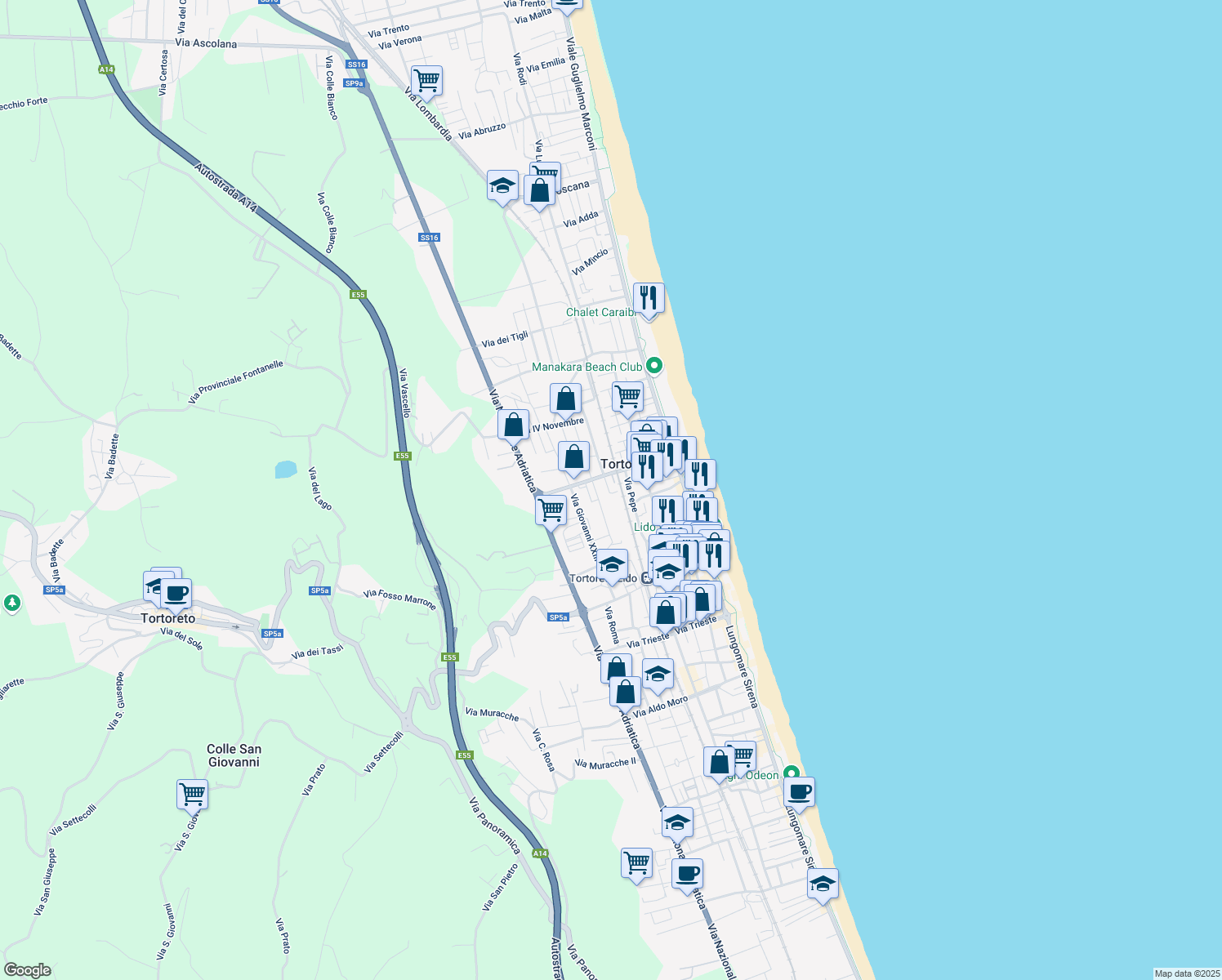 map of restaurants, bars, coffee shops, grocery stores, and more near 12 Via Lampedusa in Tortoreto Lido