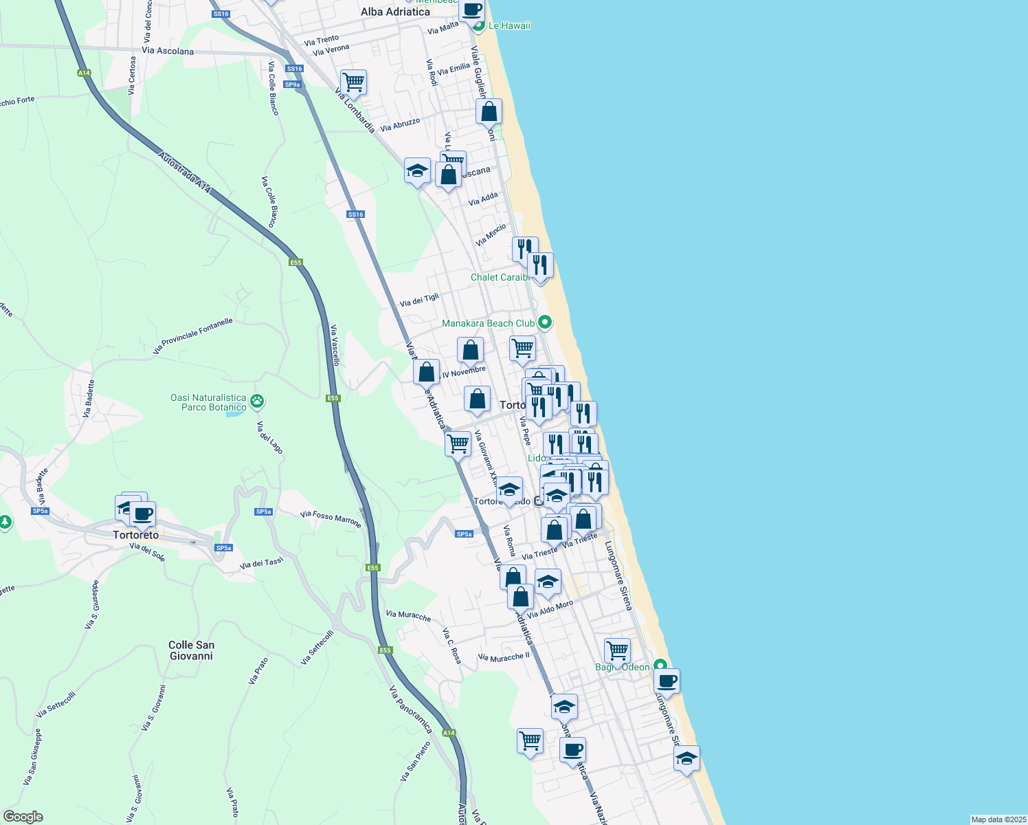 map of restaurants, bars, coffee shops, grocery stores, and more near in Tortoreto Lido