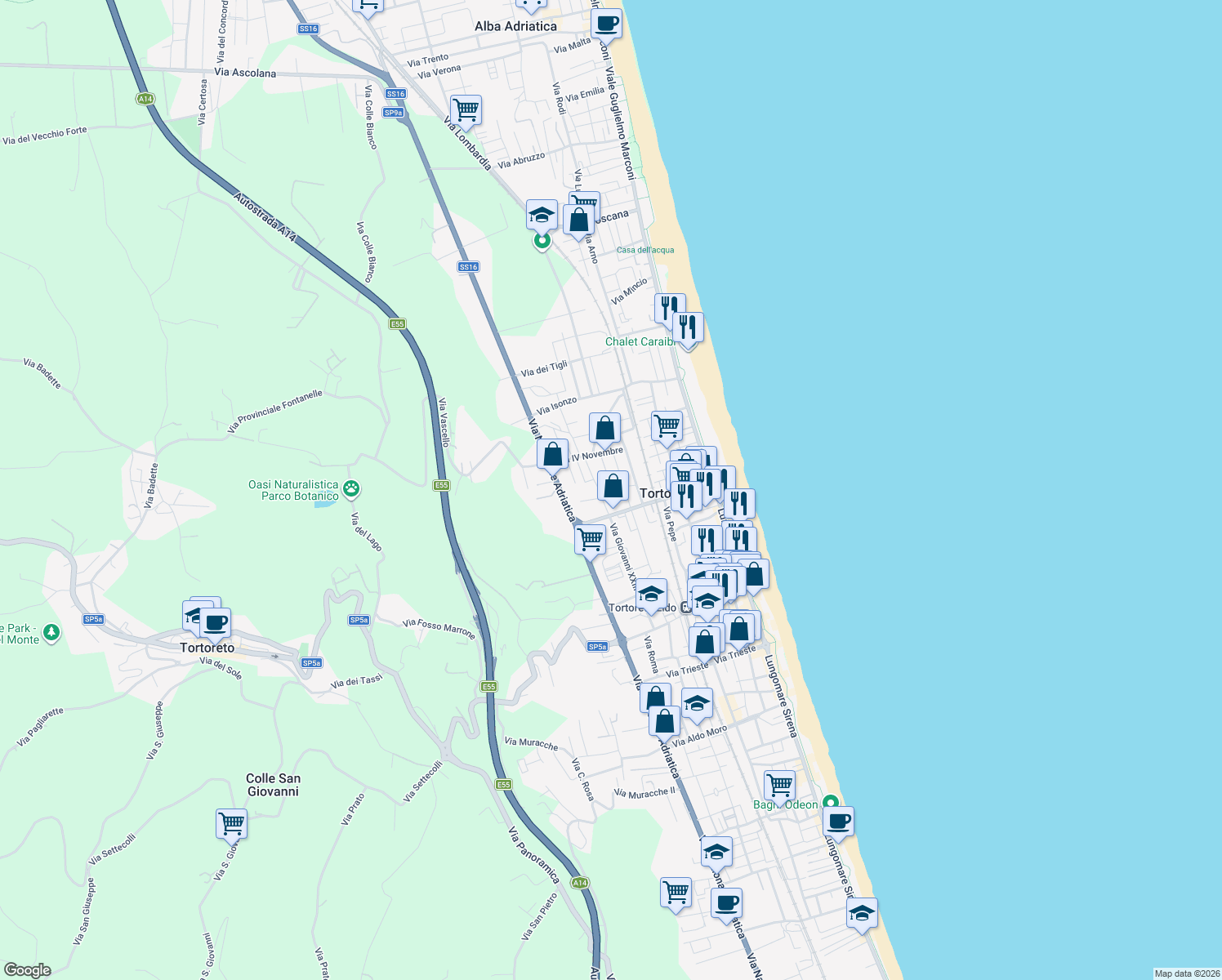 map of restaurants, bars, coffee shops, grocery stores, and more near 2 Via Corradino D'Ascanio in Tortoreto Lido
