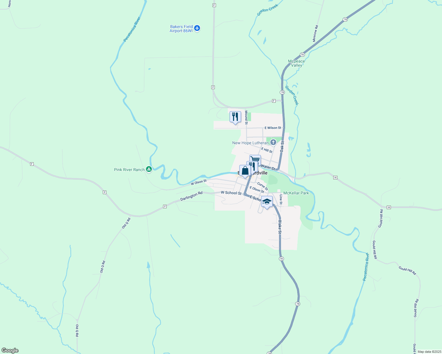 map of restaurants, bars, coffee shops, grocery stores, and more near 407 West Olson Street in Blanchardville