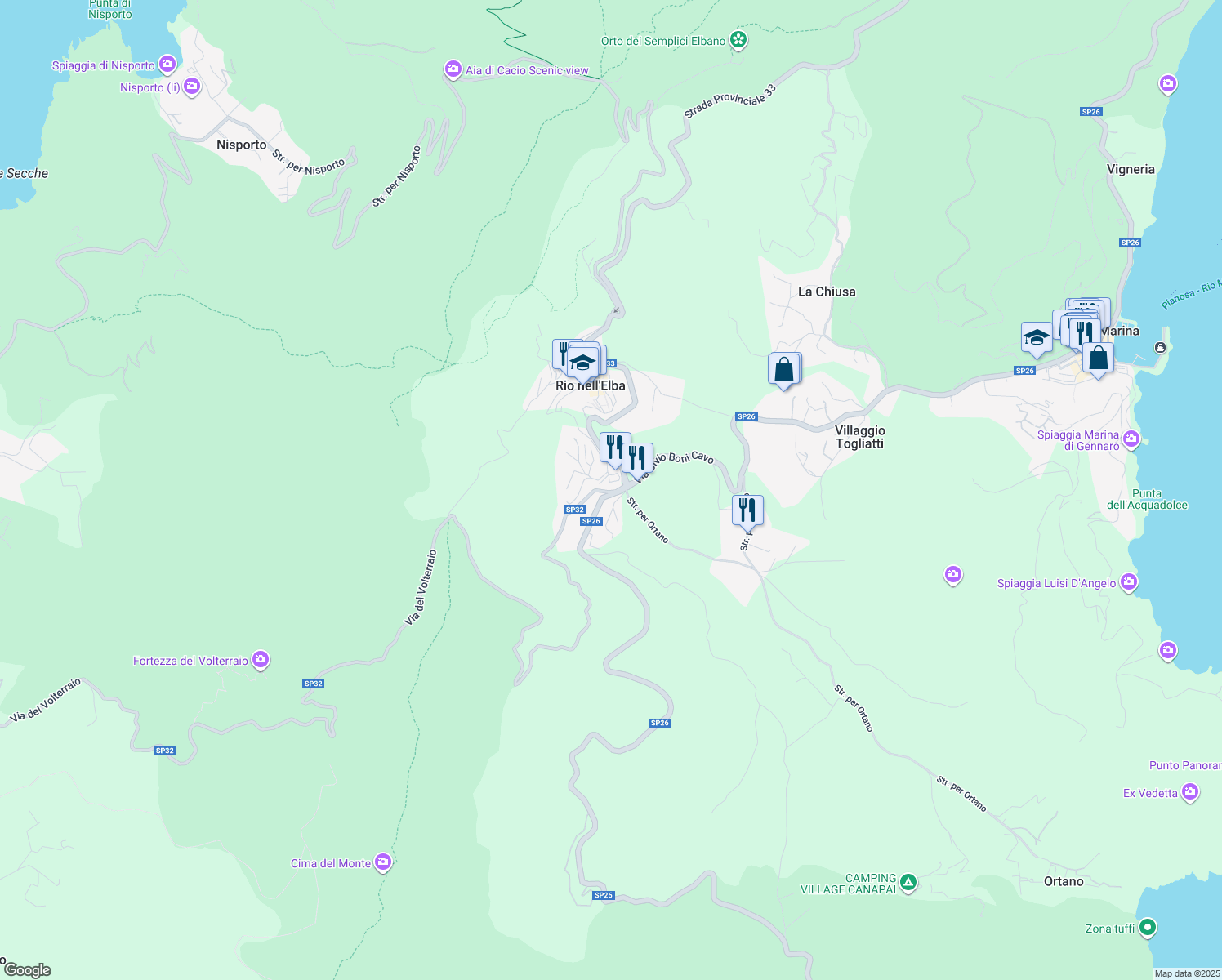 map of restaurants, bars, coffee shops, grocery stores, and more near 20 Via del Padre Eterno in Rio Nell'elba