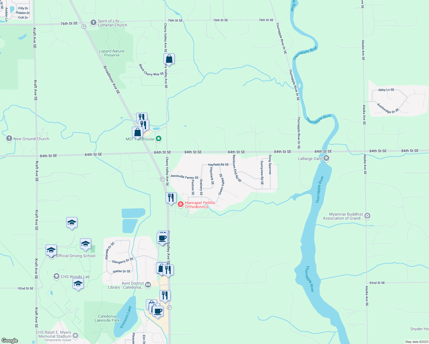 map of restaurants, bars, coffee shops, grocery stores, and more near 8524 Haystack SE in Caledonia