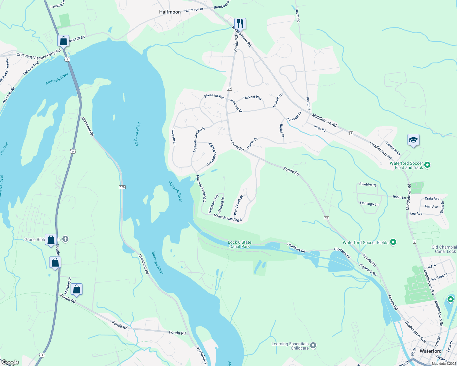 map of restaurants, bars, coffee shops, grocery stores, and more near 31 Gadwall Dr in Waterford
