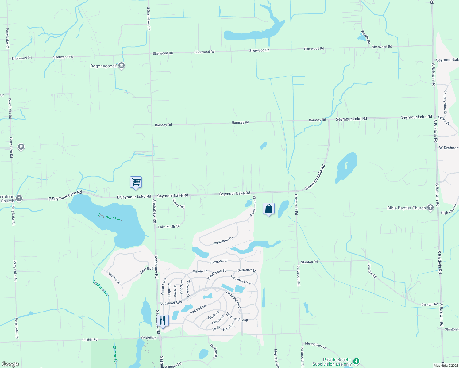 map of restaurants, bars, coffee shops, grocery stores, and more near 4517 Seymour Lake Road in Brandon Township